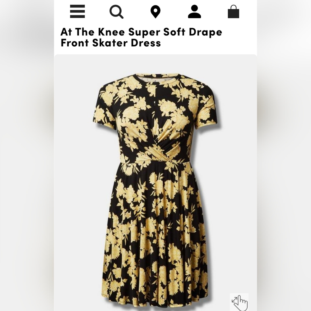 At The Knee Super Soft Drape Front Skater Dress Black w Yellow Flower, Torrid 0